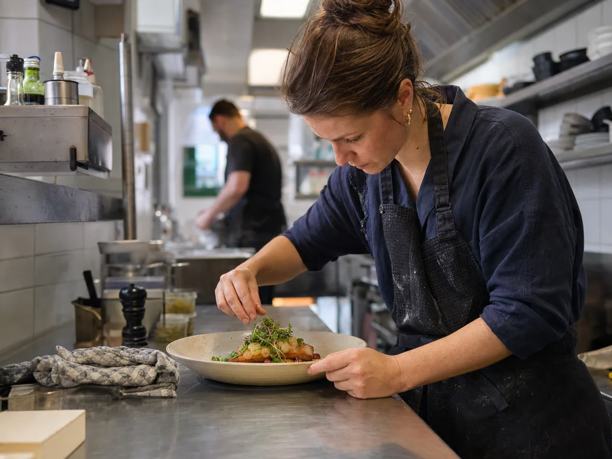 Cheffe préparant une assiette dans la cuisine de son restaurant