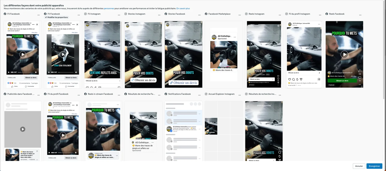 Aperçu des placements Meta pour Adeauto