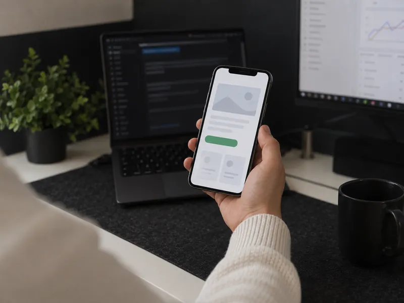 Main qui tient un smartphone affichant un site